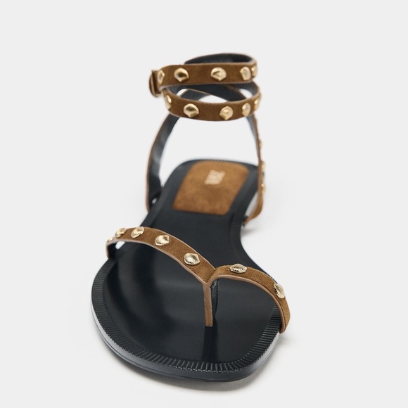 Zara Studded Brown leather Suede Sandals - Picture 2 of 6